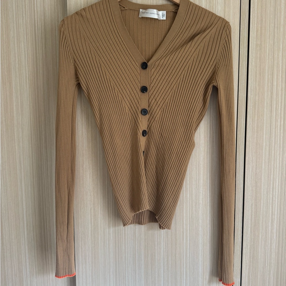 Victoria Beckham Camel Ribbed Cardigan
